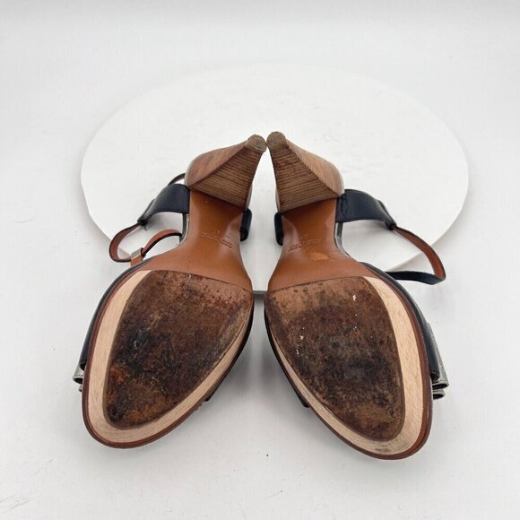 Lanvin Women Size EU 37 US 7 Black Silver Bow T Strap Platform Cone Heel Sandal - Picture 10 of 15